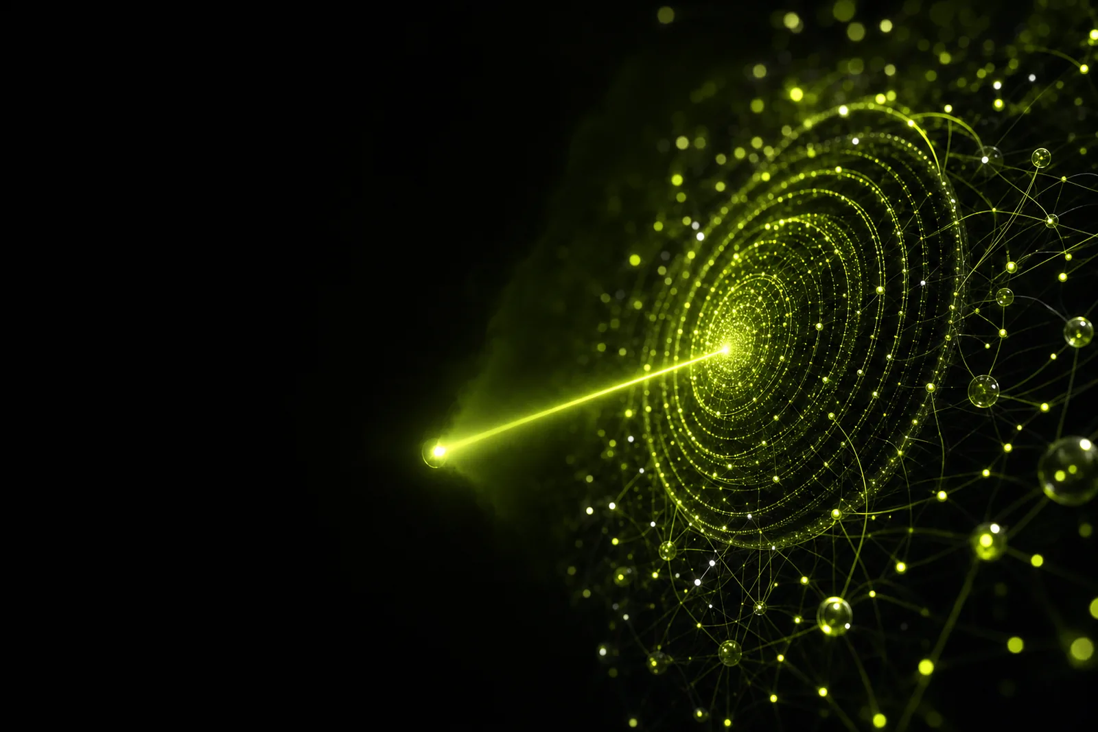 Visuel abstrait : un faisceau lumineux cartographie un réseau de données, évoquant l'audit IA