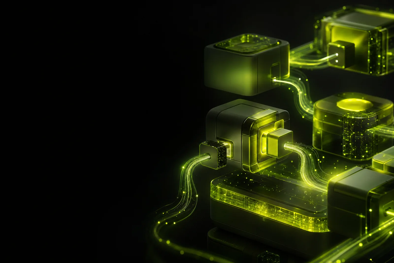 Visuel abstrait : des modules géométriques se connectent par des conduits de lumière, évoquant l'intégration d'outils